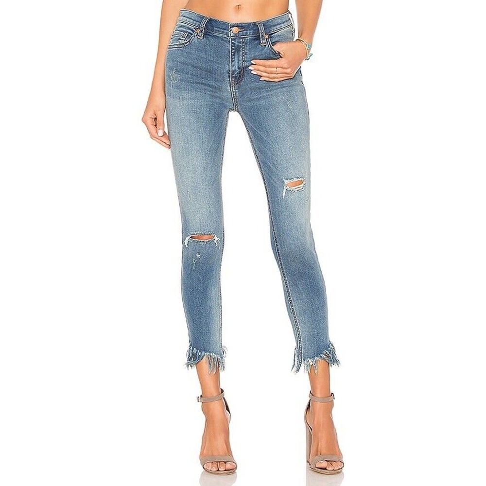 Free People 25 Skinny Jeans Light Acid Wash Fringe Hem Distressed OB661483 Boho